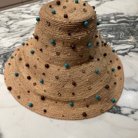 NWT Lele Sadoughi Turquoise Embellished Straw Sun Hat Natural One Size main image 7